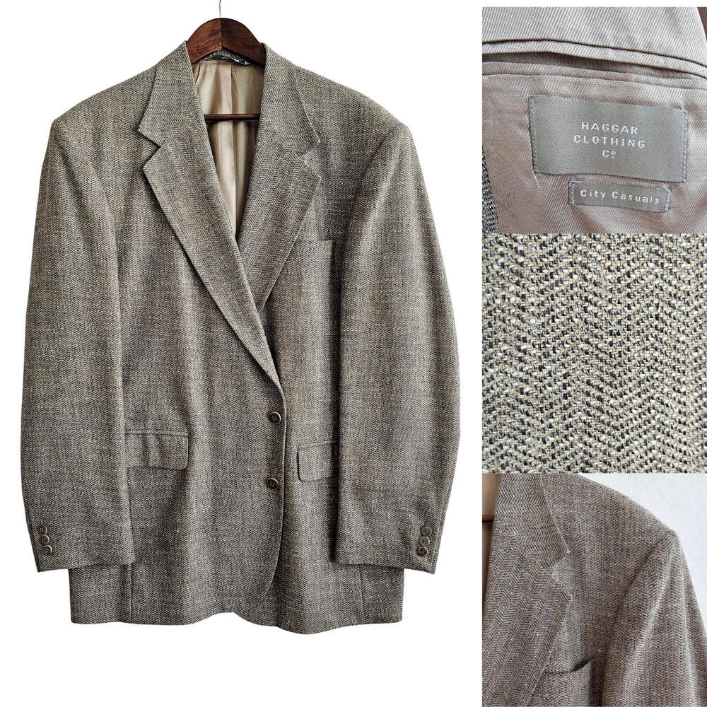Haggar Tweed Woven Blazer Jacket Sport Coat Mens 44L Long Light Brown\Beige